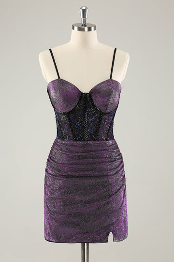 Dark Purple Spaghetti Straps Corset Glitter Short Homecoming Dresses
